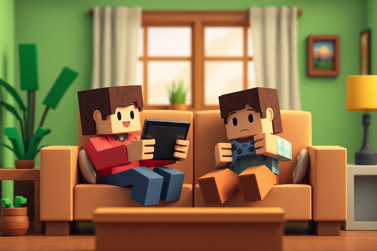 Forælder og barn gør en tablet og en controller klar til Minecraft derhjemme