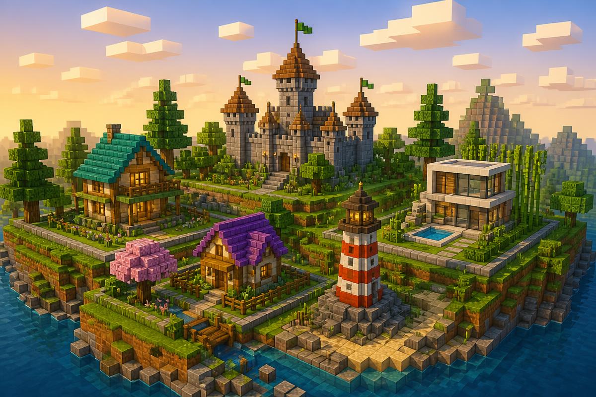 Farverige Minecraft-bygninger på en ø fra en byggekonkurrence