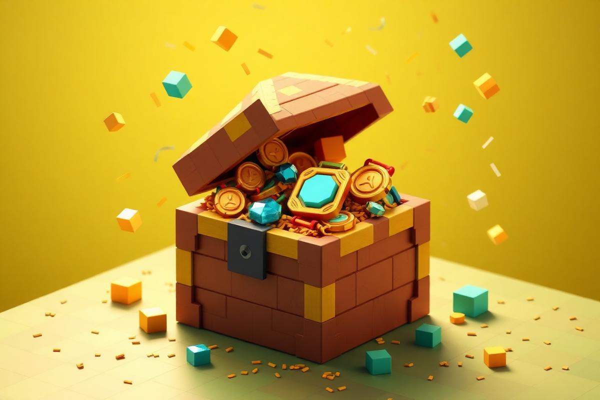 Kiste fyldt med præmier og medaljer i Minecraft-stil