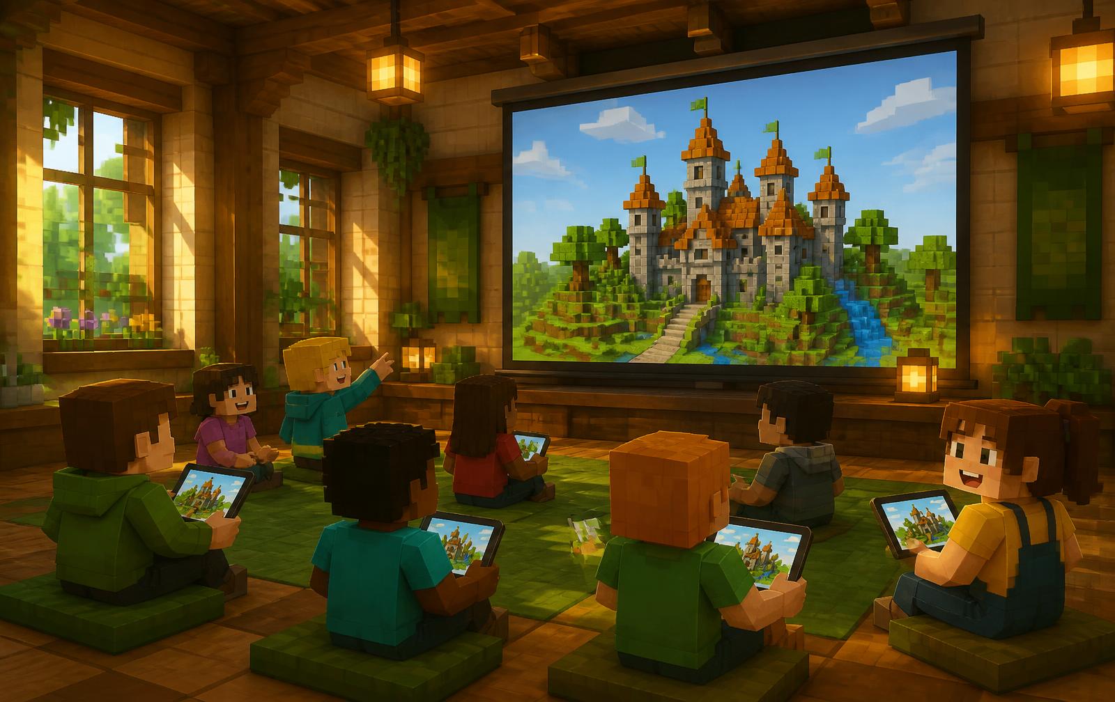 Børn sidder med tablets foran en storskærm, der viser en byggekonkurrence i Minecraft